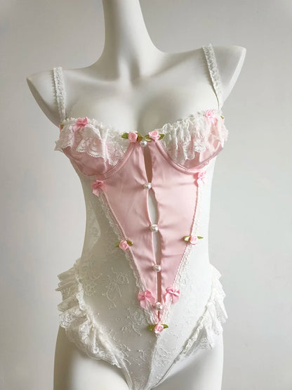 Flirty Porcelain Bloom lace bodysuit with sweet Victorian details for kawaii, softie, and ABDL play