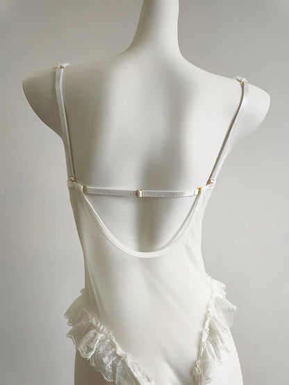 Frilly Porcelain Bloom lingerie bodysuit with mini roses, perfect for TikTok and private dollcore content