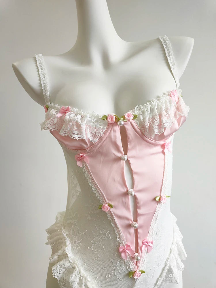 Sheer lace Porcelain Bloom bodysuit with curve-hugging fit for cutecore and DDLG little play