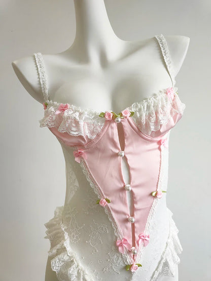 Sheer lace Porcelain Bloom bodysuit with curve-hugging fit for cutecore and DDLG little play