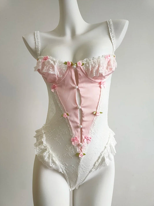 Porcelain Bloom lingerie bodysuit with frilly lace, sheer mesh, and mini rosebud details for dollcore DDLG vibes