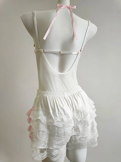 Ruffled Porcelain Bloom lingerie bodysuit with sheer mesh and delicate details for innocent but sexy doll vibes