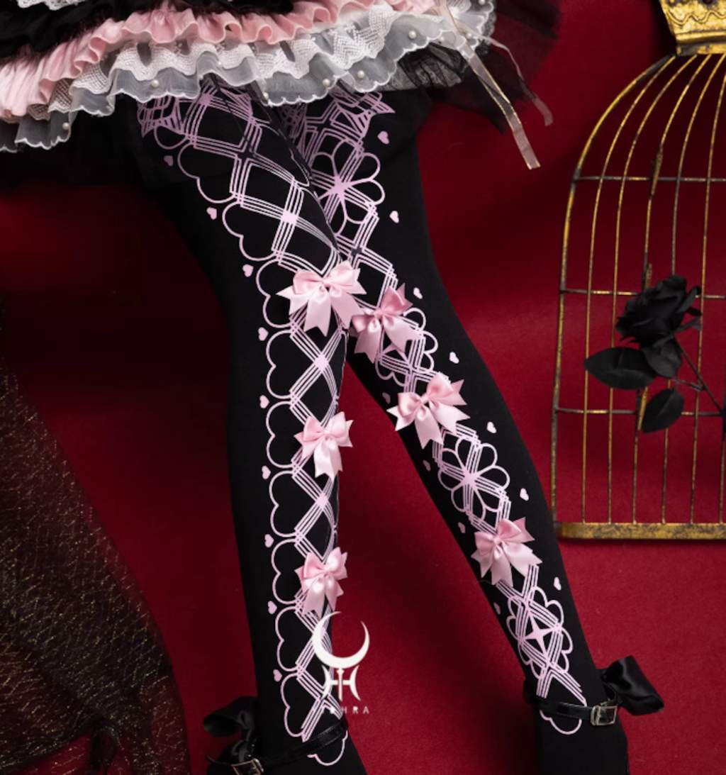 Black Porcelain Lace Bow Lolita tights with corset lattice pattern, DDLGirl style
