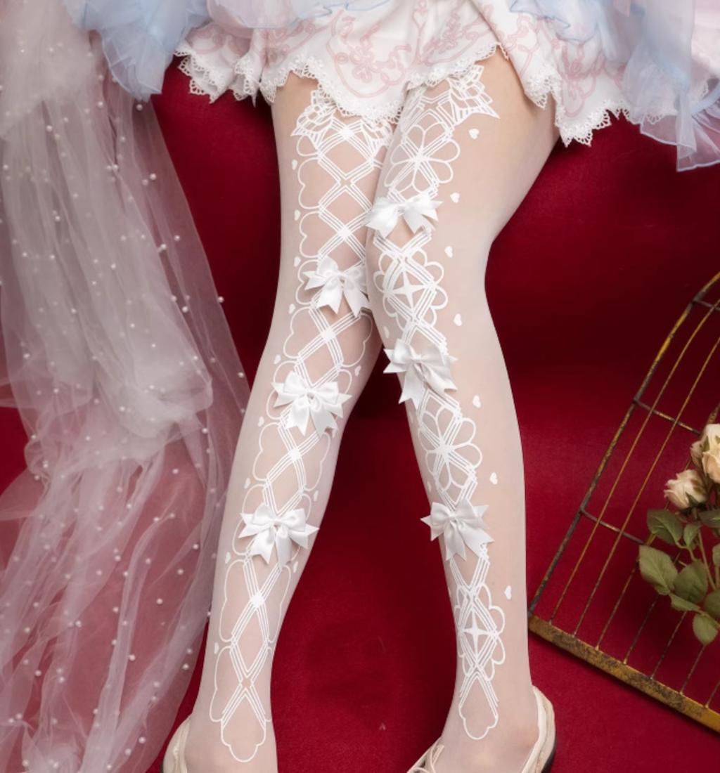 Dimensional satin bow detail on Porcelain Lace Bow Lolita tights