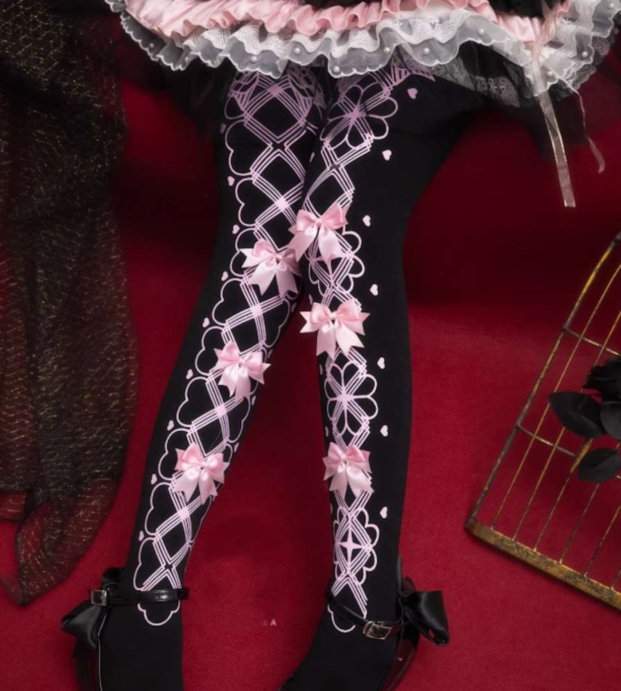 Flat lay of Porcelain Lace Bow Lolita tights in all four colorways