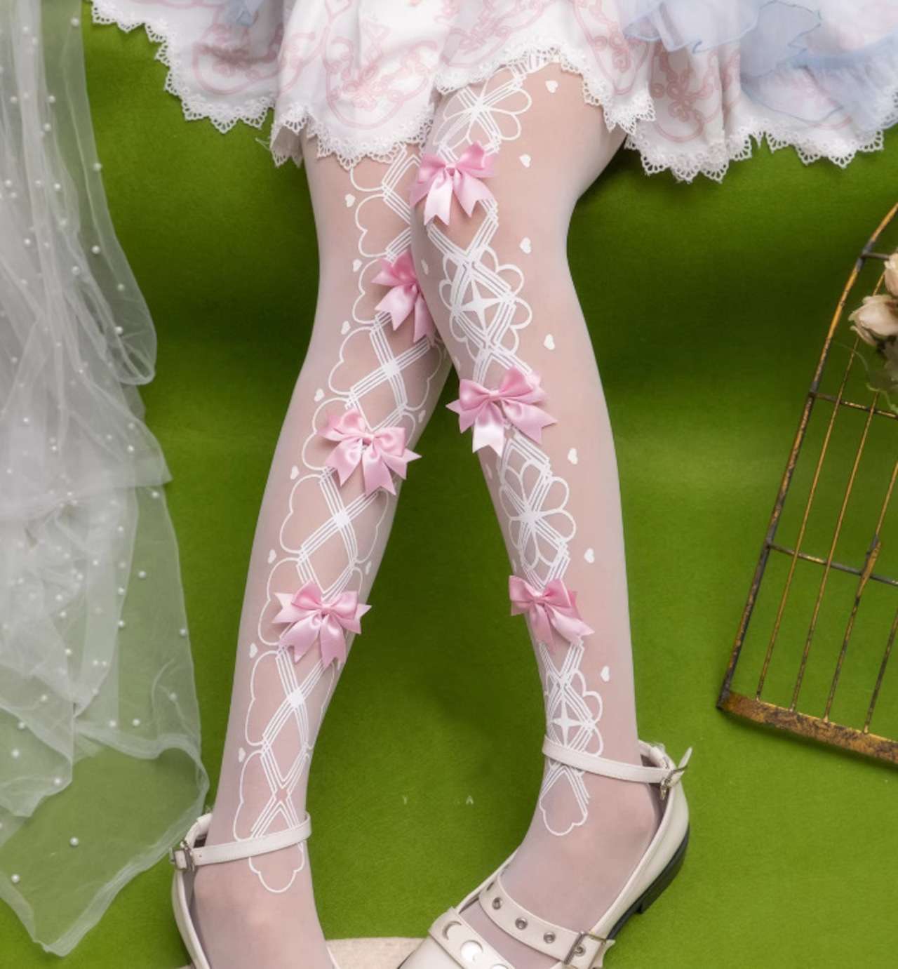 White Porcelain Lace Bow Lolita tights with pink satin bows, coquette style