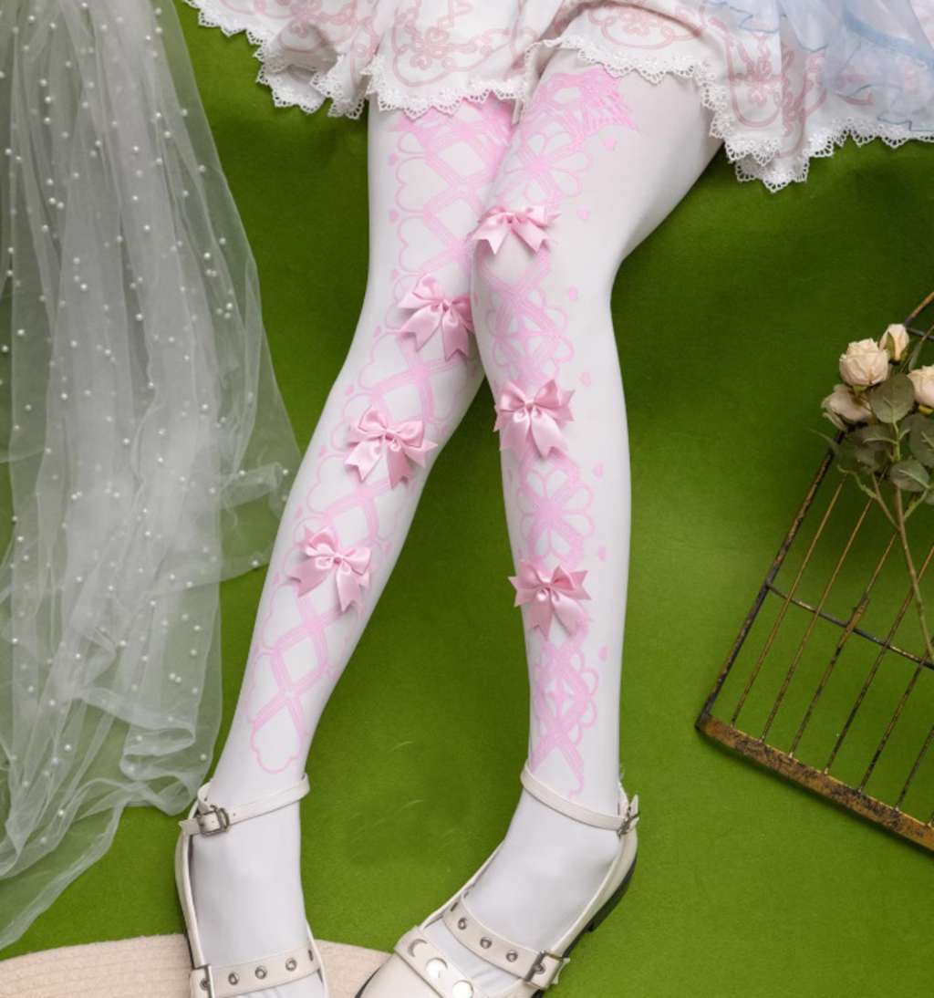 White Porcelain Lace Bow Lolita tights with pink print and pink bows, dollcore style