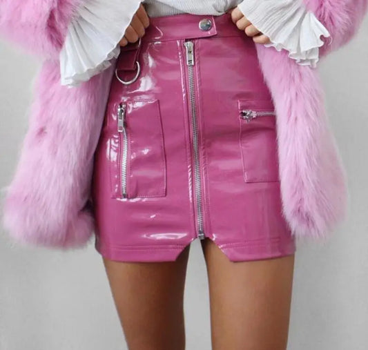 Glossy pink Power Zip Princess Skirt in vegan leather for DDLG, cutecore, and baddie vibes