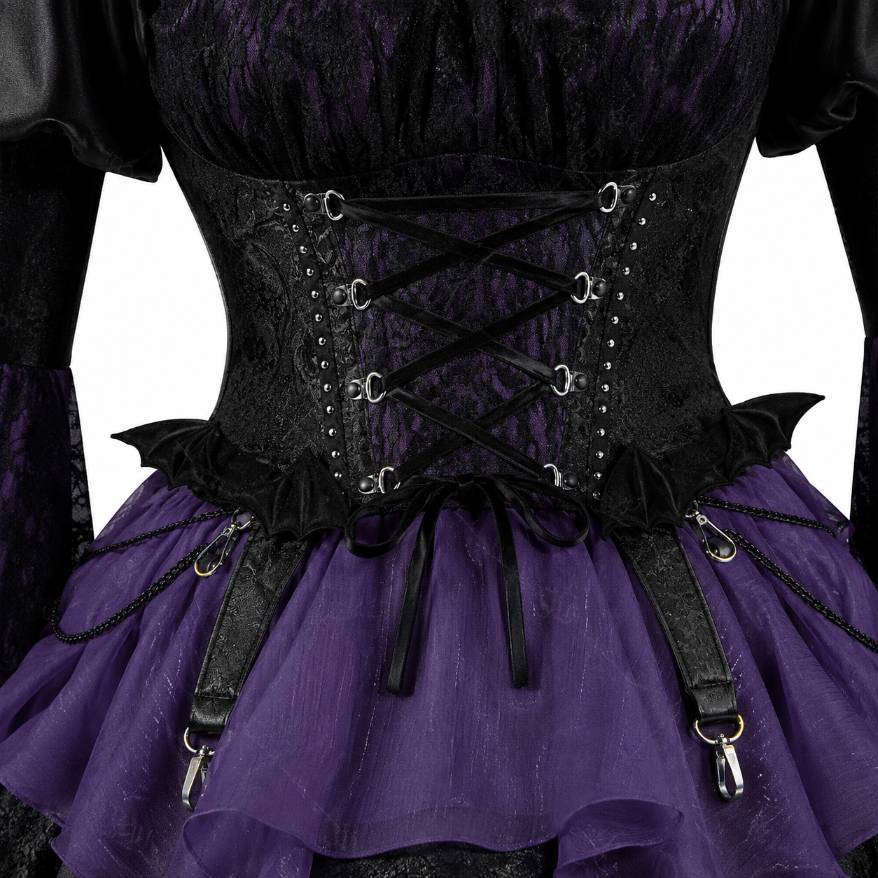 Close up of corset lace up front and structured bodice on Pretty Goth Doll Lolita Set