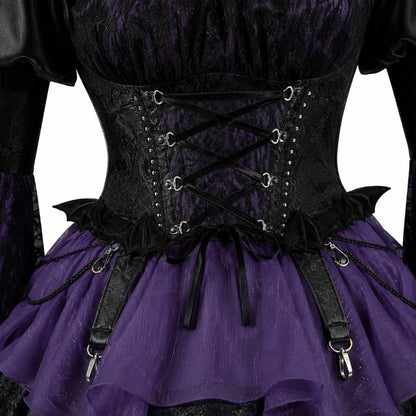 Close up of corset lace up front and structured bodice on Pretty Goth Doll Lolita Set