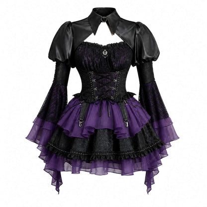 Pretty Goth Doll Lolita Set front view with corset bodice and purple accents, DDLGirl style