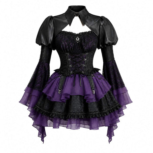 Pretty Goth Doll Lolita Set front view with corset bodice and purple accents, DDLGirl style