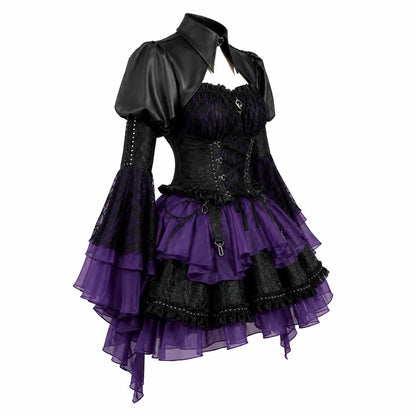 Side angle view of Pretty Goth Doll Lolita Set with puff sleeve bolero and flared skirt