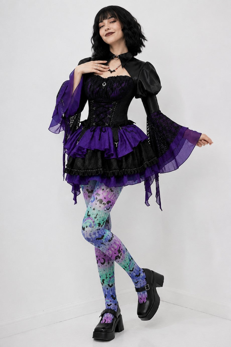 Model in Pretty Goth Doll Lolita Set with pendant necklace and waist chain, gothic DDLGirl look