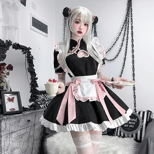 Pretty kawaii maid cosplay dress with soft breathable fabric and frilly lace bow accents