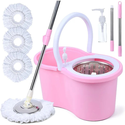 Pretty pink spin mop and bucket set with stainless steel handle for effortless cleaning