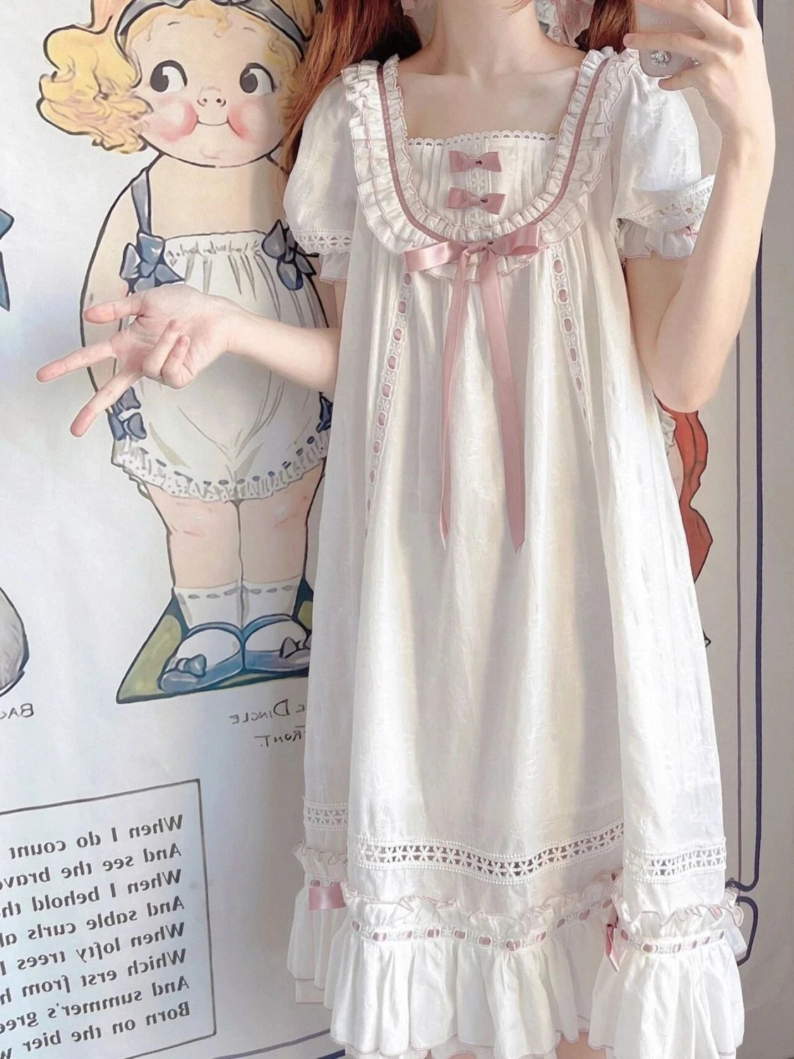 Close up of short puff sleeves creating a doll like silhouette on Lolita nightgown