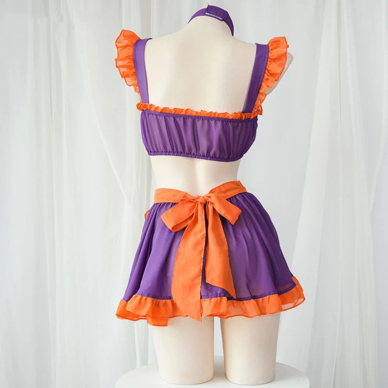 Back view of Pumpkin Maid Halloween cosplay set, kawaii anime DDLGirl style