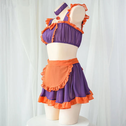 Ruffled cropped bralette with orange trim and bow, Pumpkin Maid cosplay set