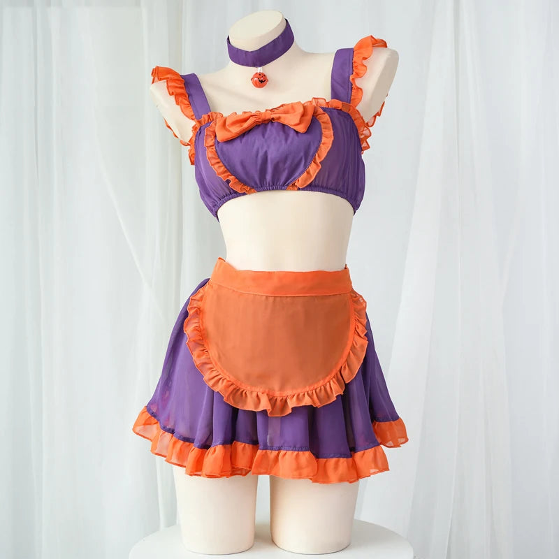Pumpkin Maid Halloween cosplay set with ruffled bralette and apron, DDLGirl style