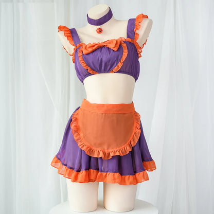 Pumpkin Maid Halloween cosplay set with ruffled bralette and apron, DDLGirl style