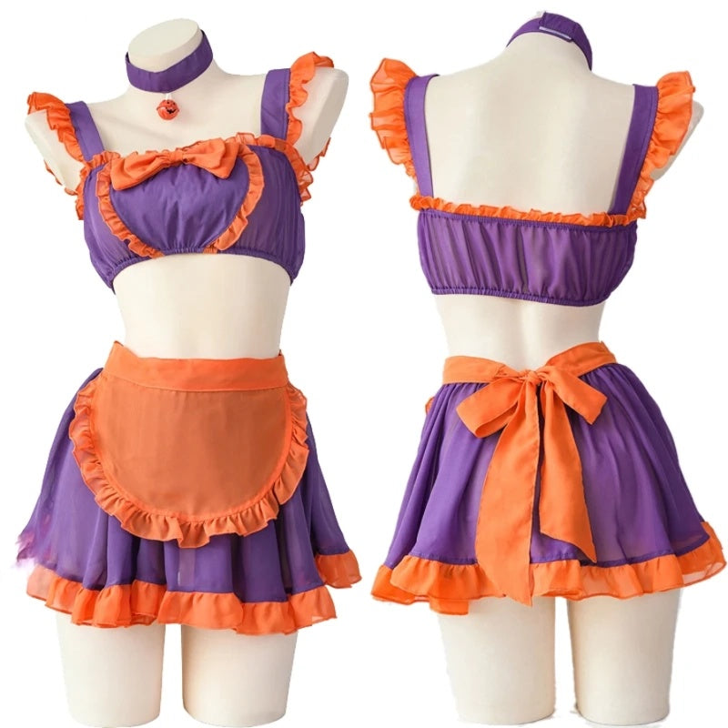 Model wearing Pumpkin Maid Halloween cosplay set, DDLGirl kawaii style