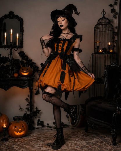 Corset inspired bodice detail on Gothic Lolita pumpkin dress with structured vintage silhouette