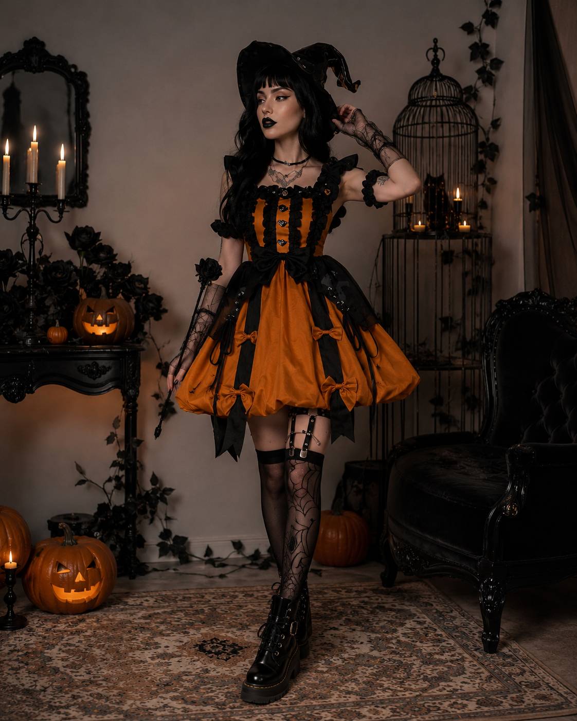 Pumpkin Spell Gothic Lolita dress with corset bodice and black lace neckline, kawaii DDLG style