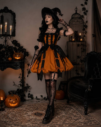 Pumpkin Spell Gothic Lolita dress with corset bodice and black lace neckline, kawaii DDLG style