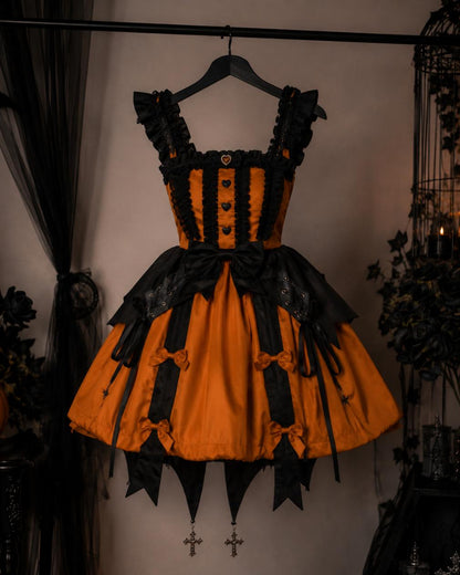 Square lace trimmed neckline detail on black and mustard orange Gothic Lolita dress