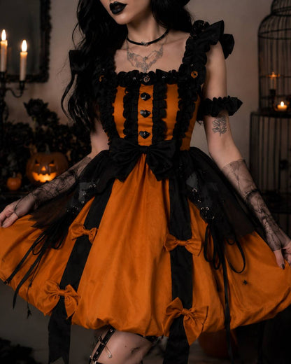 Sweet orange bow accent on mustard and black skirt panel, Gothic Lolita kawaii detail