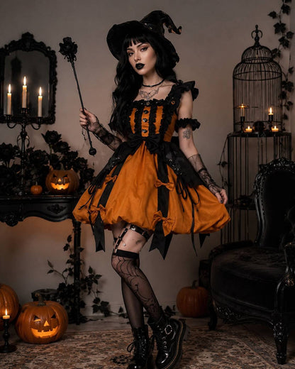 Long pointed black ribbon tails adding movement to Gothic Lolita pumpkin dress hem