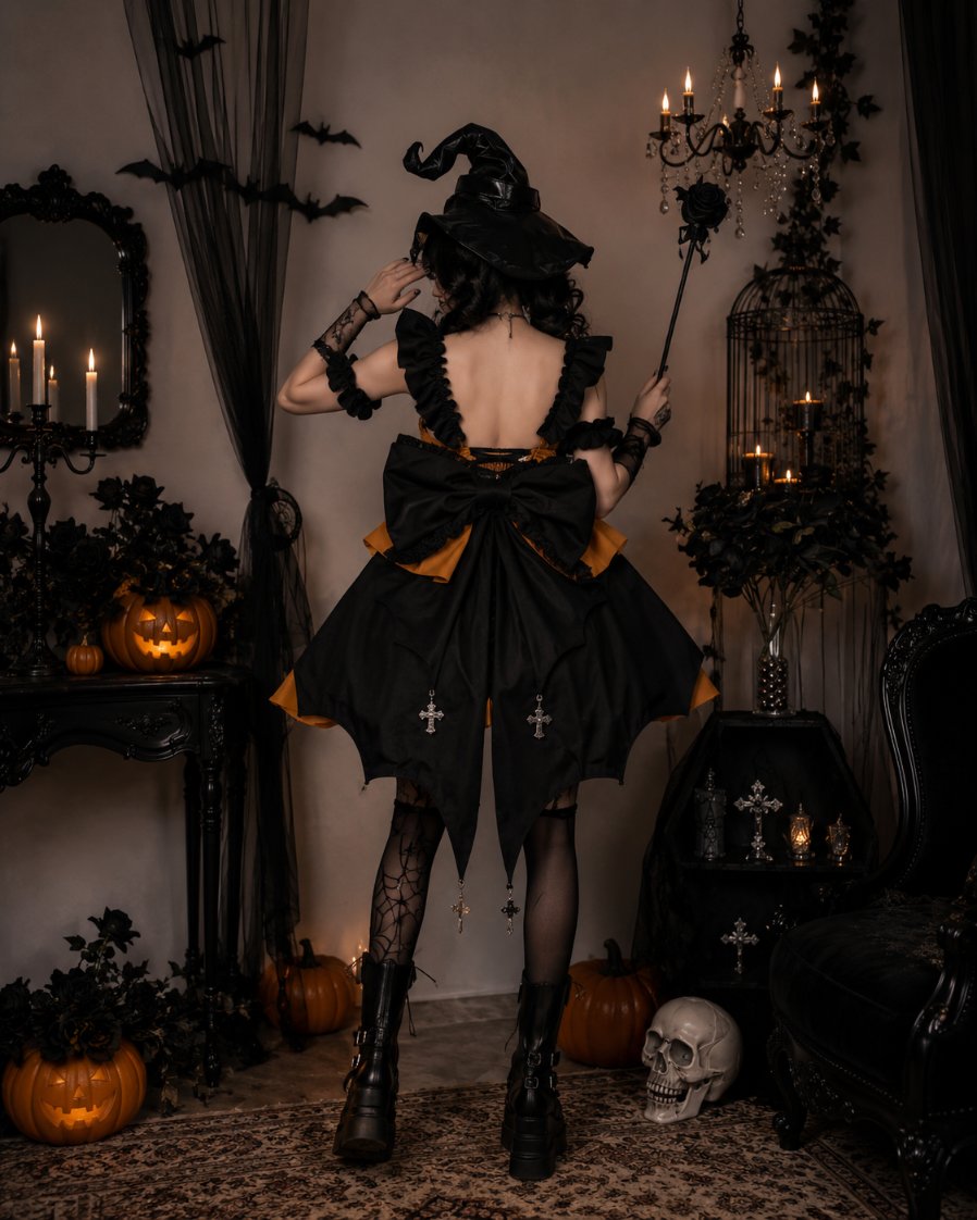 Model wearing Pumpkin Spell Gothic Lolita dress with corset bodice, DDLGirl Halloween style