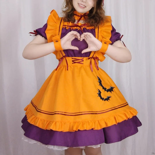 Pumpkin Spice Halloween Dress Set with dress, apron, headwear, detachable sleeves, necklet, and legwear for kawaii fall vibes.