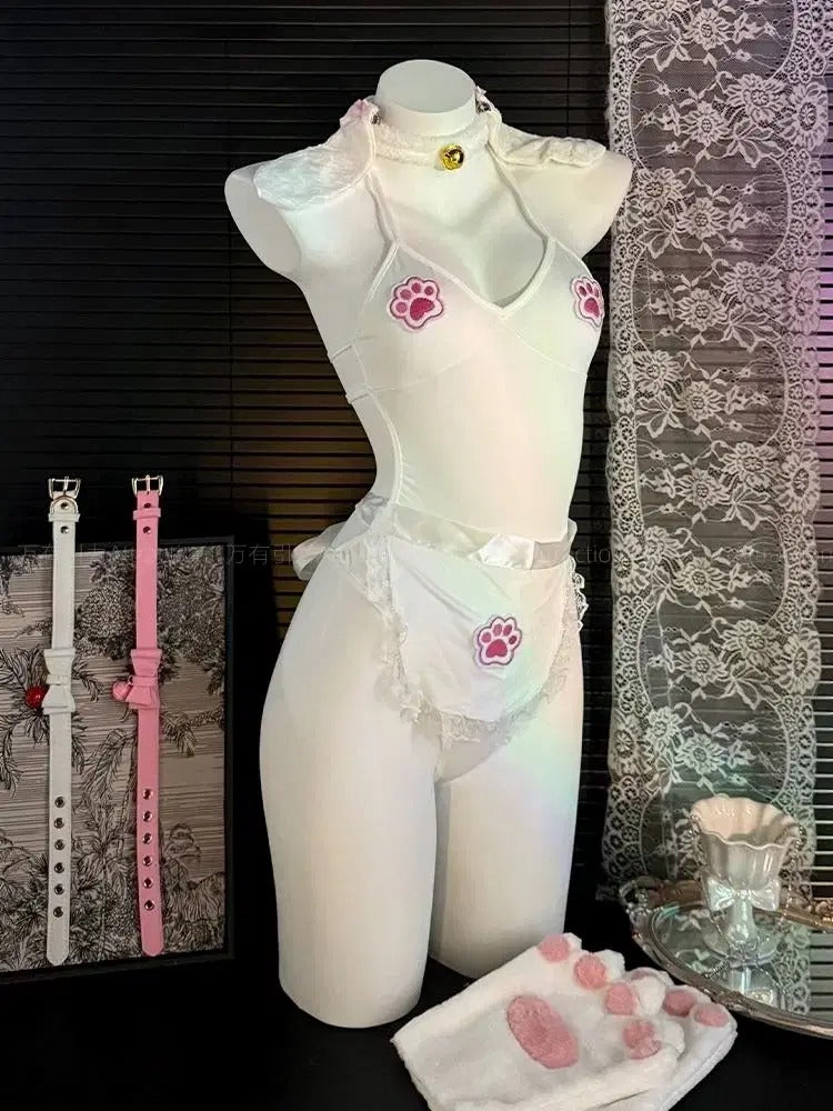 Front pocket feature on Puppy Love Paws Bodysuit Set — fun and cheeky ddlg puppy cosplay with playful storage detail.