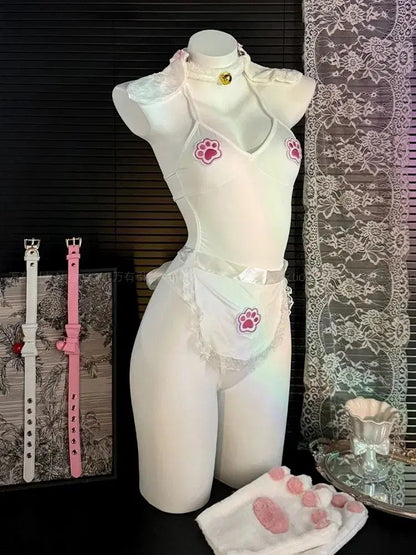 Front pocket feature on Puppy Love Paws Bodysuit Set — fun and cheeky ddlg puppy cosplay with playful storage detail.