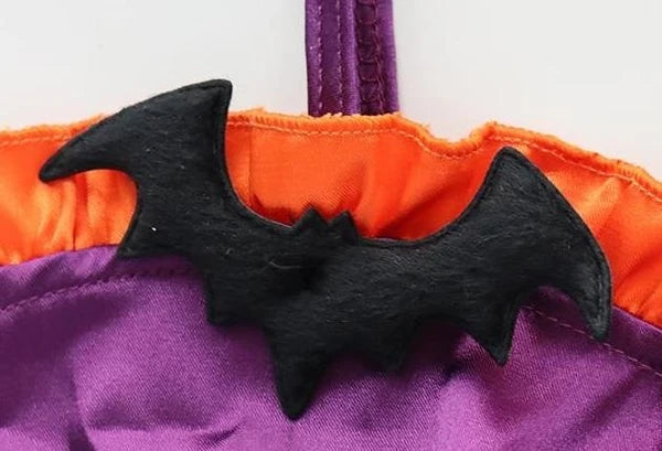 Close up of tiny black bat detail on Purple Batty Babe Halloween top