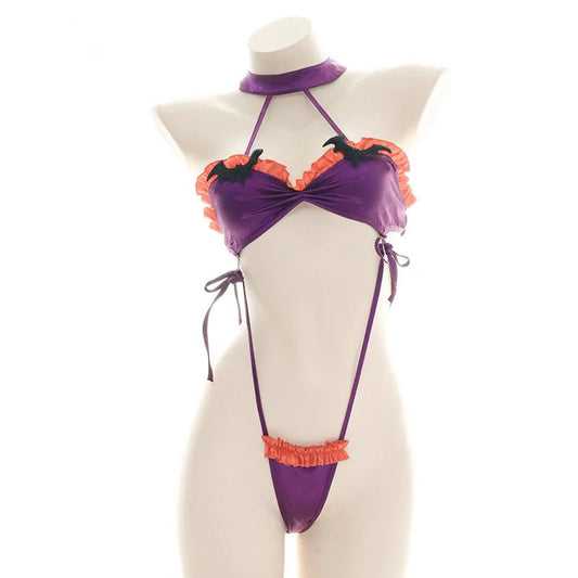 Purple Batty Babe ruffle Halloween set with bat details and orange trim, DDLGirl style
