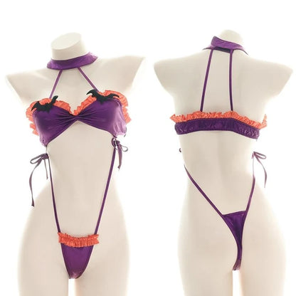 Model wearing Purple Batty Babe ruffle Halloween set, gothic Halloween style