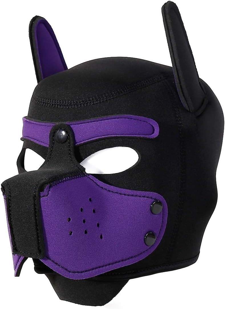 Purple furry pup mask for petplay, puppy DDLG cosplay, flirty sub energy, and kawaii roleplay fun.