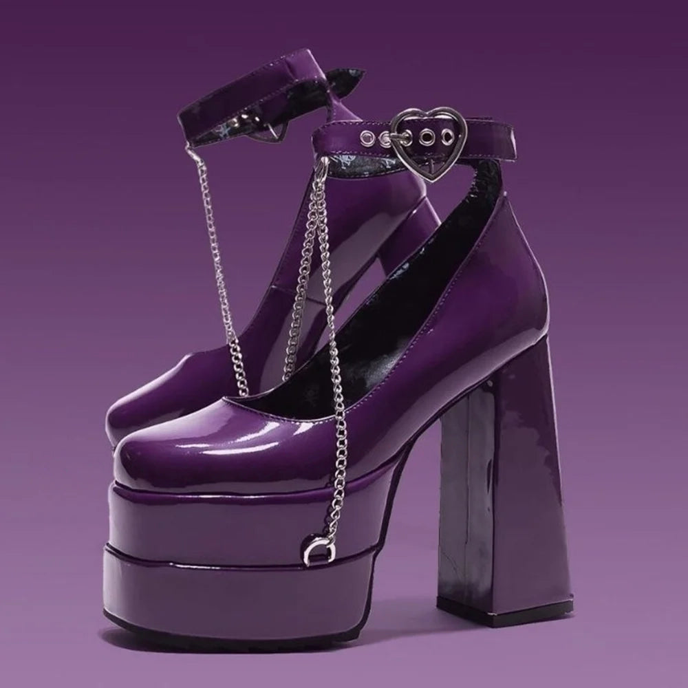 Kawaii ddlg purple platform heels with heart buckle and chain design