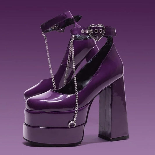 Kawaii ddlg purple platform heels with heart buckle and chain design