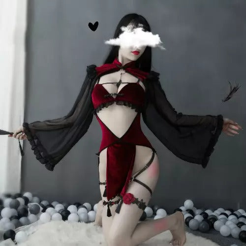 Queen of Black Hearts lingerie set, DDLGirl dollcore, dark velvet red and black, occult spell-inspired, flirty gothic