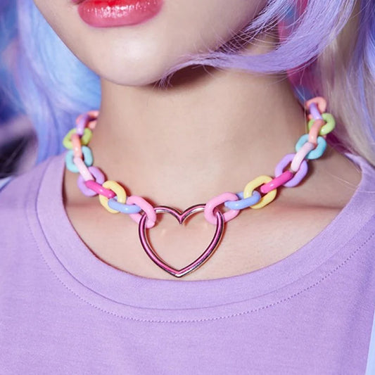 Rainbow Candy Heart Choker with pastel chain and metal heart, kawaii cutecore accessory for DDLG, cosplay, and pastel outfits