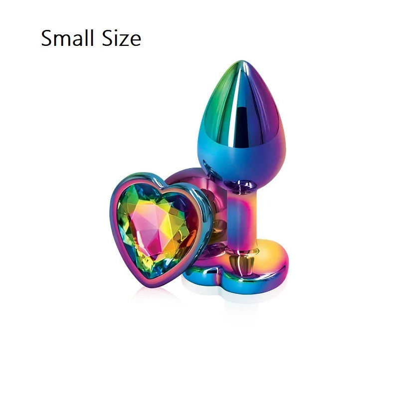 large rainbow chrome heart gem plug, body-safe metal with shiny gem