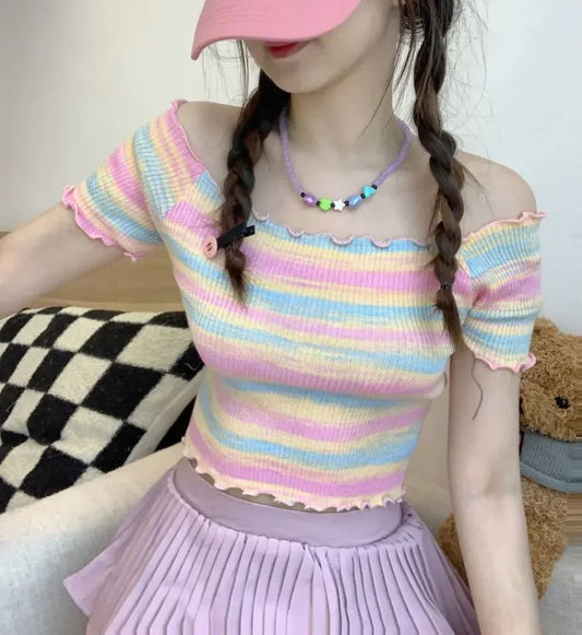 Rainbow Cutie Off-Shoulder Crop Top in pastel rainbow colors, soft kawaii cutecore style for little space, playdates, or cosplay