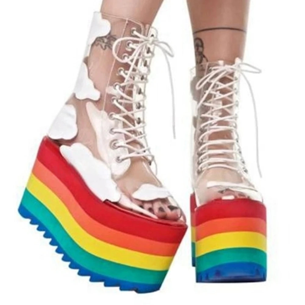 Rainbow Drift Dream Heels with rainbow laces, kawaii ddlg abdl platform shoes with dreamy cloud print