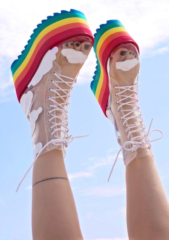 Rainbow Drift Dream Heels, kawaii DDLG soft girl platform shoes with rainbow laces