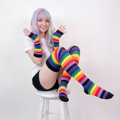Rainbow Gloves & Stockings Set in black multi-color, edgy yet cute DDLG/ABDL cutecore fashion piece