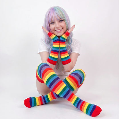Rainbow Gloves & Stockings Set in bright multi-color, statement DDLG/ABDL cutecore accessory